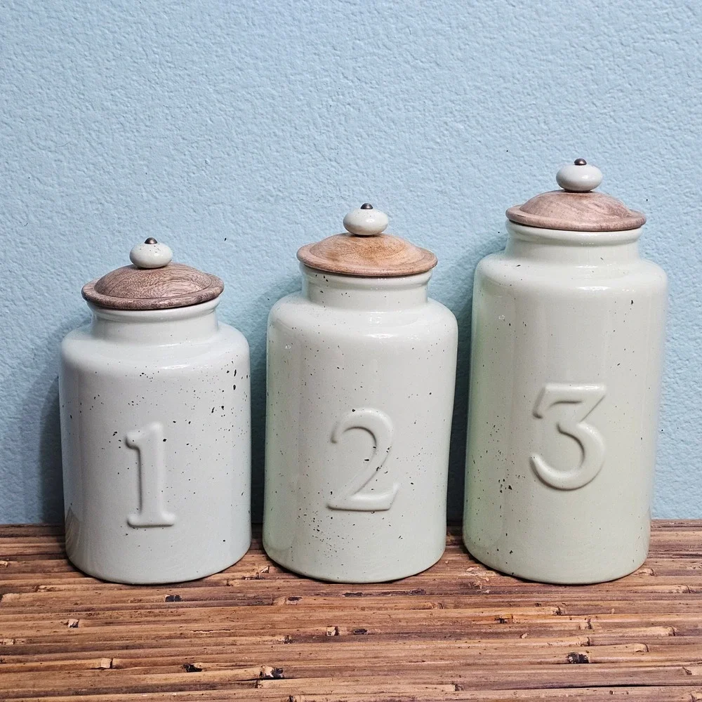 Pier 1 Imports Mint Green Speckled Ceramic Canister Set Wood Lids Farmhouse